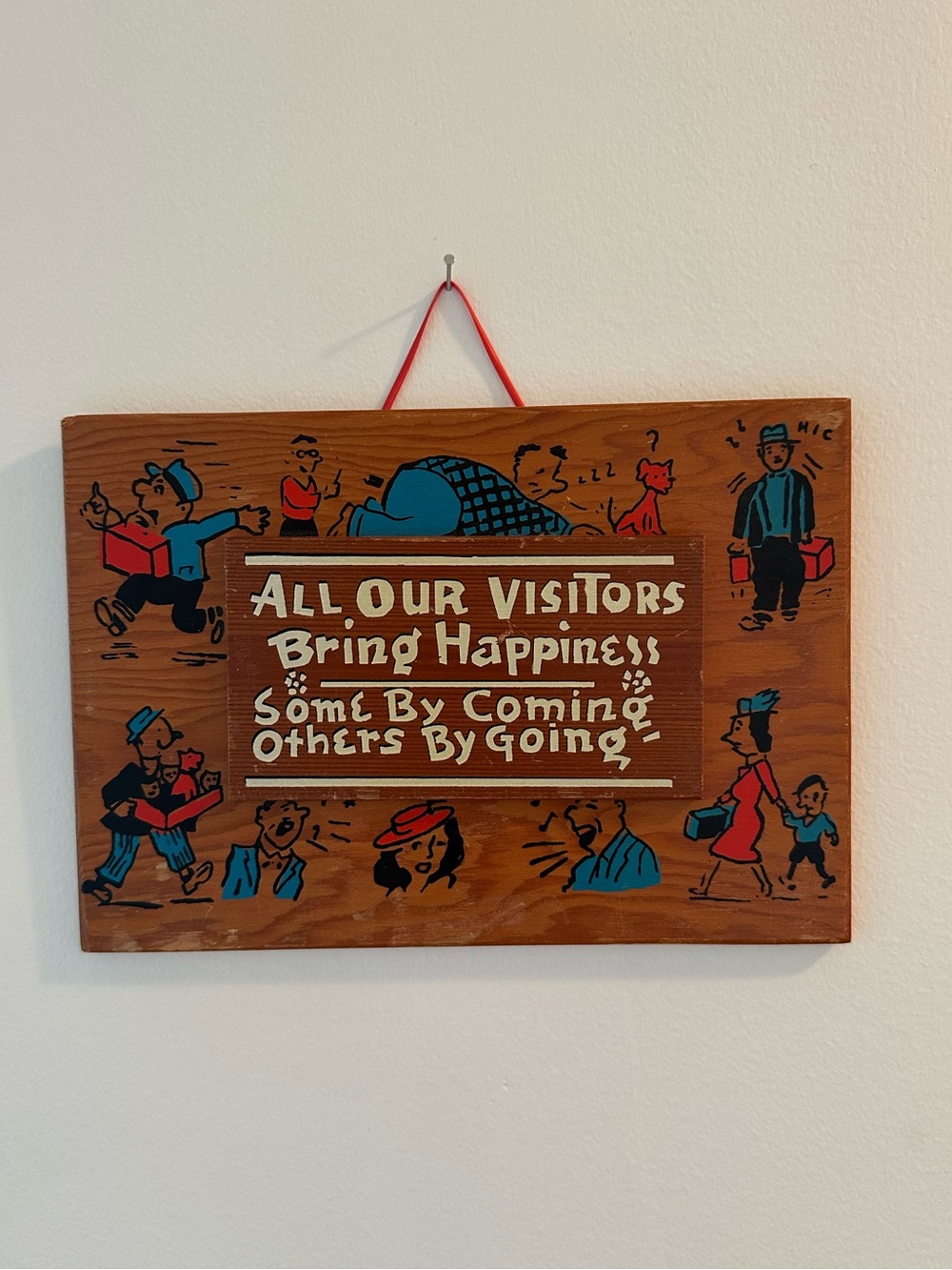 Vintage Wooden Wall Plaque "All Our Visitors Bring Happiness" - Brown, Red, Blue